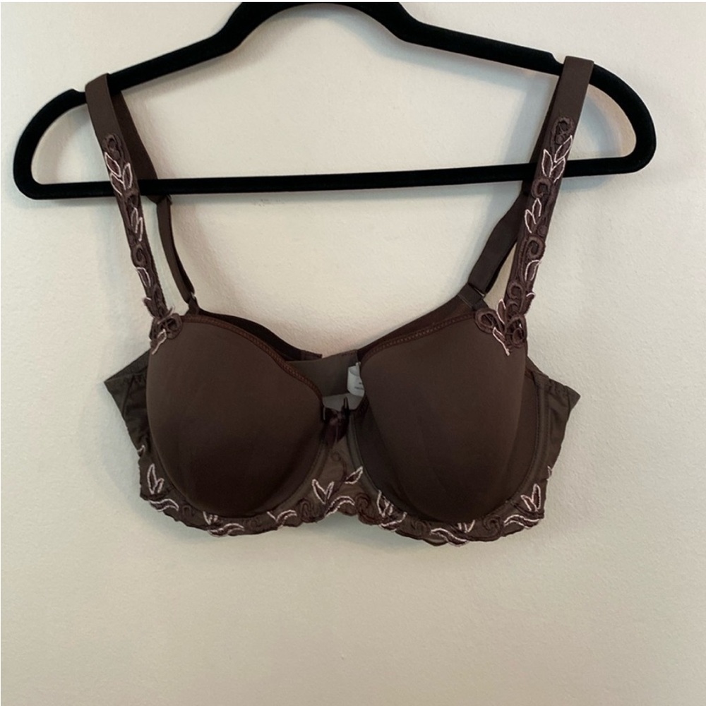 Simone Perele Andora 3D Spacer T-Shirt Brown Floral Trim Bra Size 34B